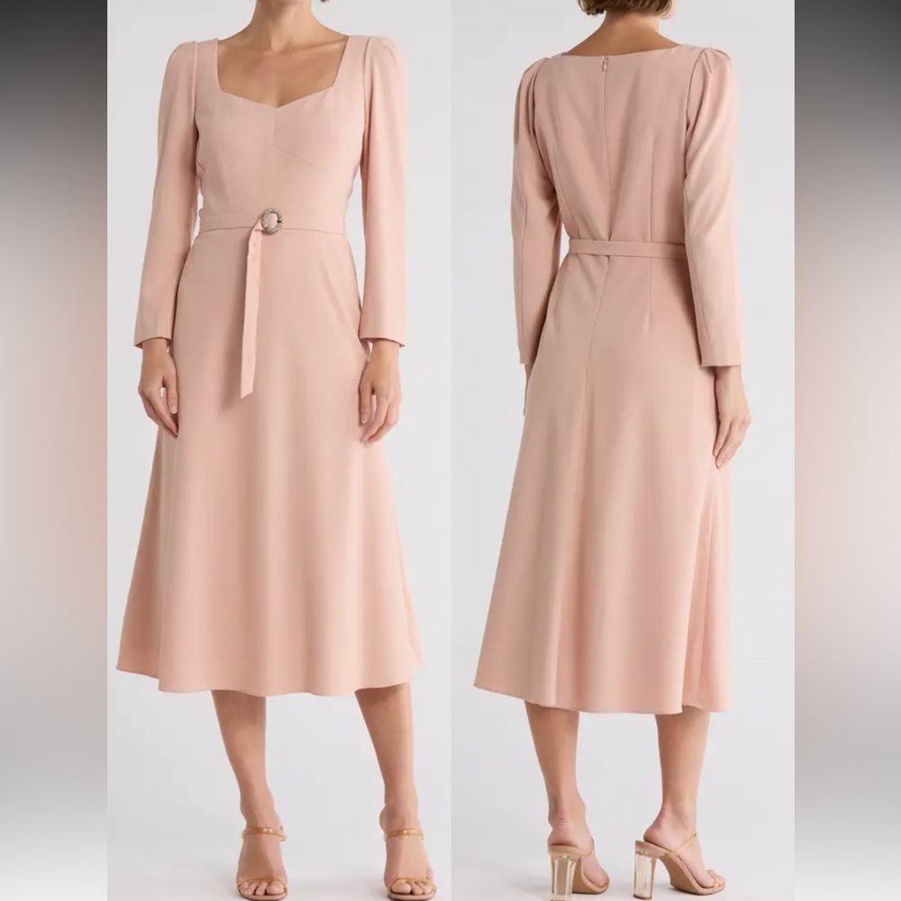 NEW LK Bennett Katerina Long Sleeve Belted Pin Pink Crepe Midi Dress sz 12